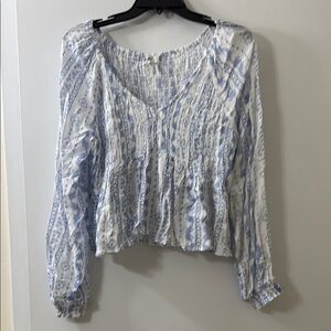 True Craft Blue White Cropped Smocked Blouse